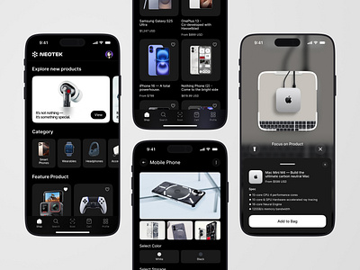 NEOTEK – The Future of Tech Shopping! 🛒 appdesgin darkmode ecommerce figma minimaldesign rahulornob shoppingapp ui ui design ux