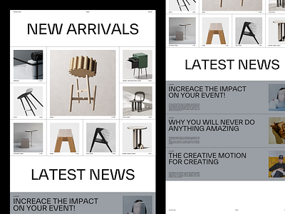 Furniture shop chair design exploration furniture grid homepage incentro latest news layout minimal new arrivals news overview squares stool ui ux webdesign