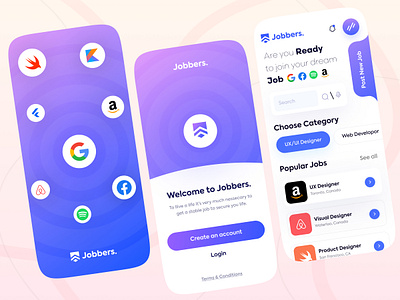 Jobbers | Find your dream job animation branding dark mode design dreamjob figmadesign google gradient illustration job finder job portal jobapp logo message typography uiux