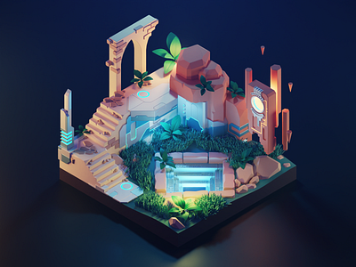 Cyber Ruins 3d alien blender cyberpunk diorama illustration isometric lowpoly render ruins scifi