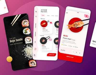 Dojo Sushi Restaurant App 도장 스시 레스토랑 앱 app design clean color creative design food food app minimal red sushi ui uiux unique ux