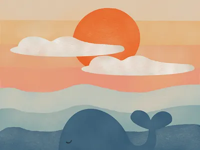 Sunset and the Whale animal character color environment illustraion illustration art illustration digital illustrations landscape minimalistic minimalistic art nature nature art nursery sea sky sun sunset texture whale