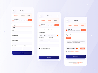 Order Placement Checkout Flow App - UI addcard address app appui arunsingh145 card cardpatments checkout cleanwork delivery design e commerce figma flow product purchase purchasing ui uiux