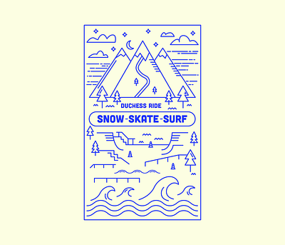 Duchess Ride | Snow-Skate-Surf clouds illustration line illustration line work mountains postcard skate skateboard skateboarding snowboard snowboarding surf surfing trees