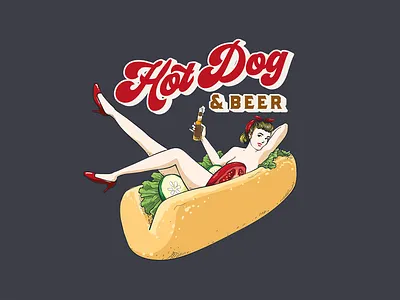 Hot Dog and Beer beer branding character design drink fast food food food truck girl hot hot dog illustration logo pin up restaurant retro sausage sexy vector vegetable