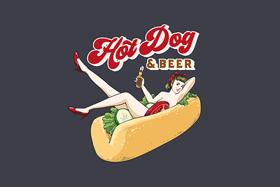 Hot Dog and Beer beer branding character design drink fast food food food truck girl hot hot dog illustration logo pin up restaurant retro sausage sexy vector vegetable