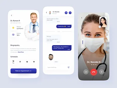 Medic Mobile App Exploration 👩‍⚕️ blue card chat chatroom clean design detailscreen flutter healthy homescreen medic mobile mobile app mobile design mobile ui spalshscreen ui ui design video call