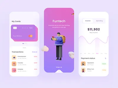 Fintech mobile app 3d bank app banking banking app card chart clean finance financial app fintech graph illustration login mobile mobile app mobile ui money onboarding profile puple