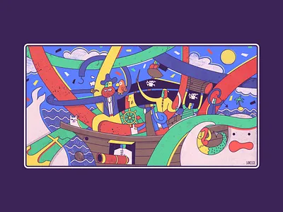 Pirates on the High Seas crew eyepatch illustration mermaid octopus parrot pirate pirate ship pirates sailors vector whale