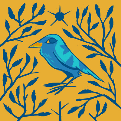 Little blue birdie bird crow cyan flat illustration plants yellow