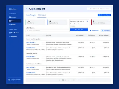 Claims Report dashhboard data enterprise filters insurance table ui web