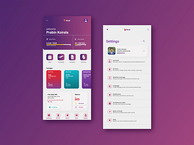 NCELL Mobile App branding carrier design homepage icon kathmandu landing page logo mobile mobile ui ncell nepal phone service purple settings page telecommunication telephone ui userinterface ux