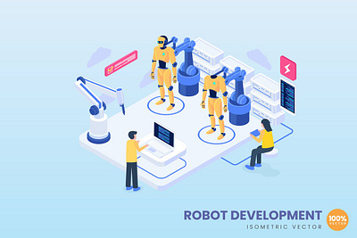 Robot Development Concept Illustration 3d 3d animation 3d art 3d character 3d illustration animation app banners branding concept design development graphic design illustration isometric landing page logo motion graphics page ui