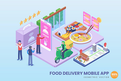 Isometric Food Delivery Mobile App Concept 3d 3d animation 3d art 3d character 3d illustration animation app branding concept design development graphic design illustration isometric landing page logo motion graphics page ui