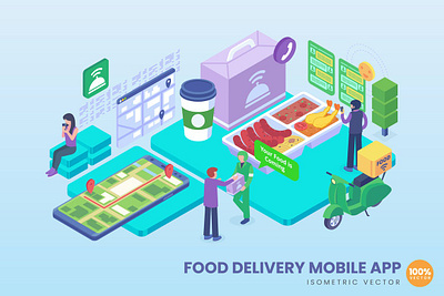 Isometric Food Delivery Mobile App Concept 3d 3d animation 3d art 3d character 3d illustration animation app banners branding concept design development graphic design illustration isometric landing page logo motion graphics page ui