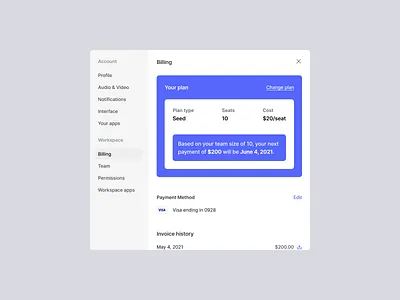 Teamflow - Workspace settings - Billing admin clean desktop application layout light mode modal popup product design settings settings ui sidebar teamflow ui