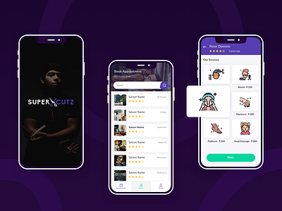 SuperCutz app design beauty parlour design hair cut illustration logo mens parlour online booking saloon sketch ui ui design