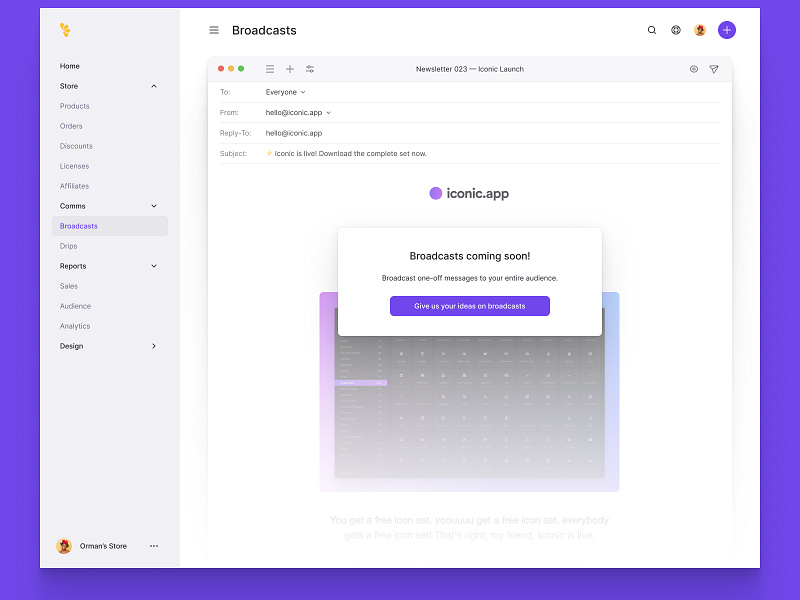 Broadcasts bulk email cart clean clean ui convertkit dark dark mode ecommerce ecommerce app ecommerce design ecommerce shop email mailchimp minimal minimalism minimalist newsletters ui ux