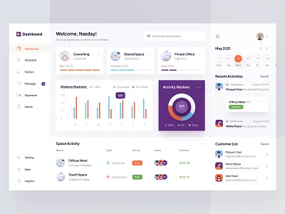 Co-working management dashbaord app blue business chart clean computer coworking dashbaord dekstop green illustration management minimal office orange profile purple uiicon website white
