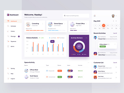 Co-working management dashbaord app blue business chart clean computer coworking dashbaord dekstop green illustration management minimal office orange profile purple uiicon website white