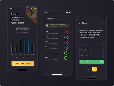 Project Assessment App app appdesign application design application ui applicationsdesign darkmode design dribbblepost graphs minimal minimaldesign minimalui mobileapp mobileapplication uidesign userinterface userinterfacedesign ux uxdesign