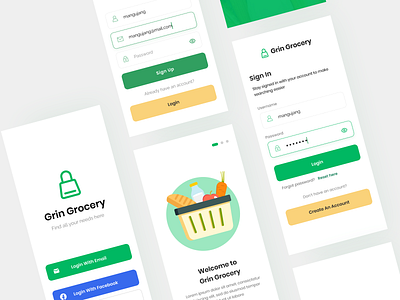 Signin & Signup Screen Grin Grocery App app groceries grocery app grocery online grocerystore minimal mobile ui ui ui green ui kit ui ux design vebetable vegetable app