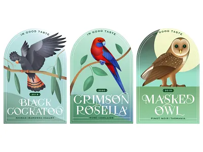 Wines From Down Under birds cockatoo crimsonrosella design digitalpainting drawing gradients graphic graphicdesign illustration labeldesign lettering owl texture typography