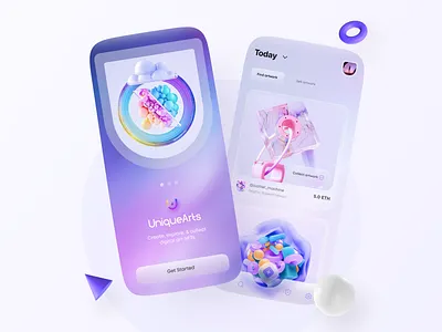 UniqueArts – NFT Marketplace UI Design 3d 3dart 3ddesign bitcoin digitalart ethereum glassmorphism glassy design mobileapp nft nftmarket nftmarketplace nftmobileapp nftwebsite uidesign