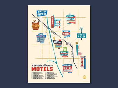 Lincoln Avenue Motels chicago illustration map mcm midcentury neon