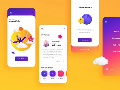 My portfolio 3d clouds cv design gradient graphic design logo low poly mobile portfolio purple resume stars ui ux yellow