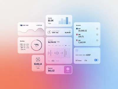Fintech Widgets - frosted glass style bank bar chart blur chart credit card currency currency exchange finance fintech flat design form frosted glass glass design glassmorphism gradients line chart mobile app pie chart web widgets