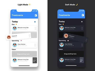 Medical Treatment Tracker cards dark mode drag and drop figma light mode list medicine prescriptions prototype schedule treatments