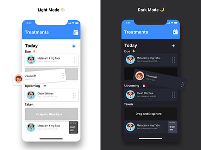 Medical Treatment Tracker cards dark mode drag and drop figma light mode list medicine prescriptions prototype schedule treatments