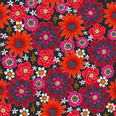 red, pink and purple floral floral floral pattern hand drawn illustration pattern surface design surface pattern design