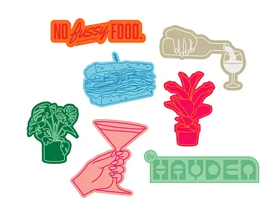 Hayden Restaurant Sticker Icons branding cocktails deli drink fiddleleaf food hands pastrami plants restaurant sandwich sticker texas vintage wine
