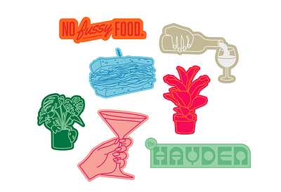 Hayden Restaurant Sticker Icons branding cocktails deli drink fiddleleaf food hands pastrami plants restaurant sandwich sticker texas vintage wine