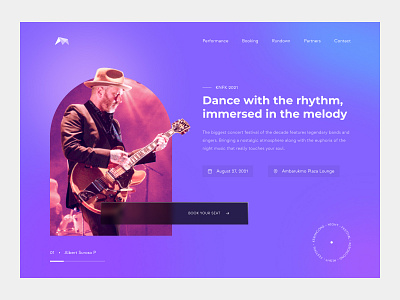 Music Concert Website Page - Hero Section booking concert concert app concert page concert website event booking event page hero page hero section landing page minimalist minimalist design music music concert music event music page performance purple reservation ticket