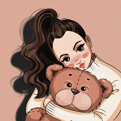 Cute girl with toy bear 🐻 anime cartoon character digital drawing girl illustration portrait