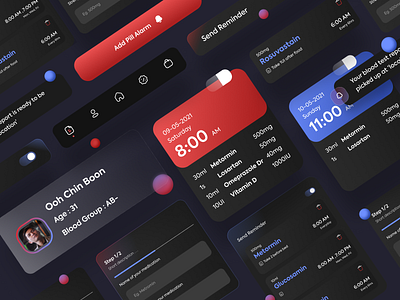 Dark theme components 3d cards dark theme dark ui glassmorphism medicine app navigation pannel pill reminder profile tracker