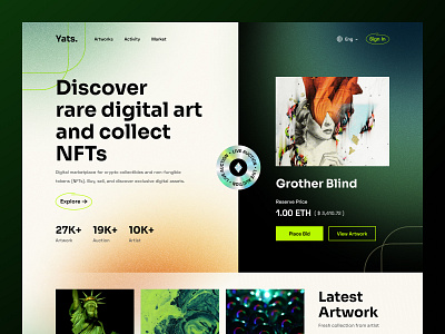 Yats. NFT Marketplace Website cryptoart cryptocurrency dark exploration gradient header hero marketplace nfts token ui ui design ux design web web design website website design