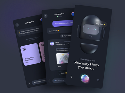 Kohaku Bot – Dark mode – Mobile App 3d 3d bot 3d character 3d illustration ai app bot app character chat chat app clean dark mode dark theme illustration minimal mobile app ui ui desi ui design ux ux design