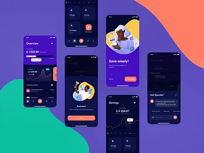 Spender – iOS app app cards clean colorful dark dark mode dashboard design fintech flat illustration minimal mobile app money overview saving simple spending ui ux