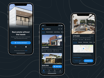 LandMark - Real Estate App (Dark Version) app design dark ui figma filter ios app ios app design mobile app design mobile ui real estate real estate app search typography ui ui design ux