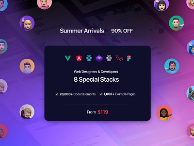 Summer Arrivals | 90%OFF angular bootstrap 4 campaign dashboard design system discount figma flutter gradient landing offer react react native sale summer template ui kit vuejs web design