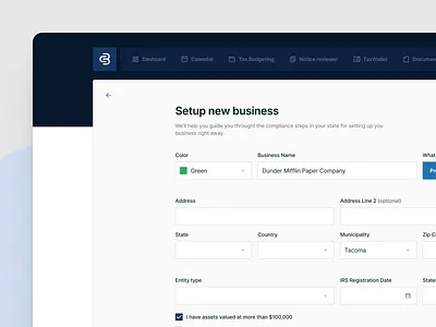 Setup new business (long form) application branding button colors dashboard design figma form illustration long form setup ui web webapp website