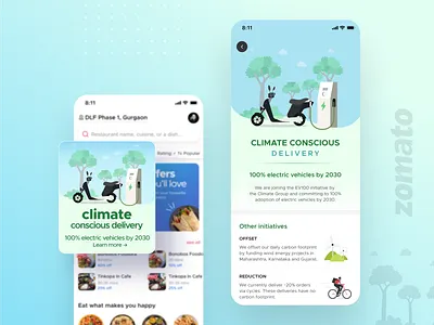 Climate conscious delivery carbon footprint design electric vehicle food illustration mobile app ui design ui ux world environment day zomato