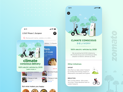 Climate conscious delivery carbon footprint design electric vehicle food illustration mobile app ui design ui ux world environment day zomato