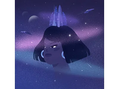 Universe. adobe illustrator adobe photoshop blue city comet futuristic girl head illustration illustrator mind moon planet portrait space spaceship stars texture universe violet