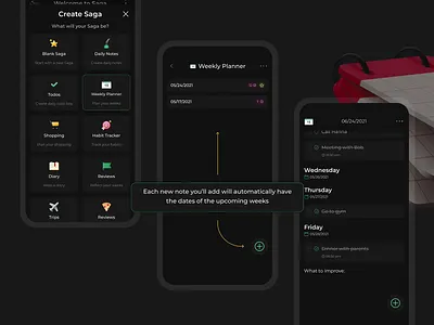 Dark Version of Saga Notes 3d animation app design figma figmadesign list mobile mobile app notes notes app planning productivity schedule todo todoapp ui ux weekly planning