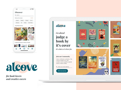 Alcove - Book Sharing App app app design book sharing books brand design branding branding design design goodreads interface design landing page landing page design library logo logo design mobile app design reading ui ui design user interface design